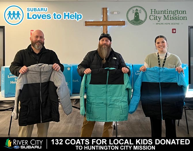River City Subaru - 3 employees donation coats to Huntington City Mission